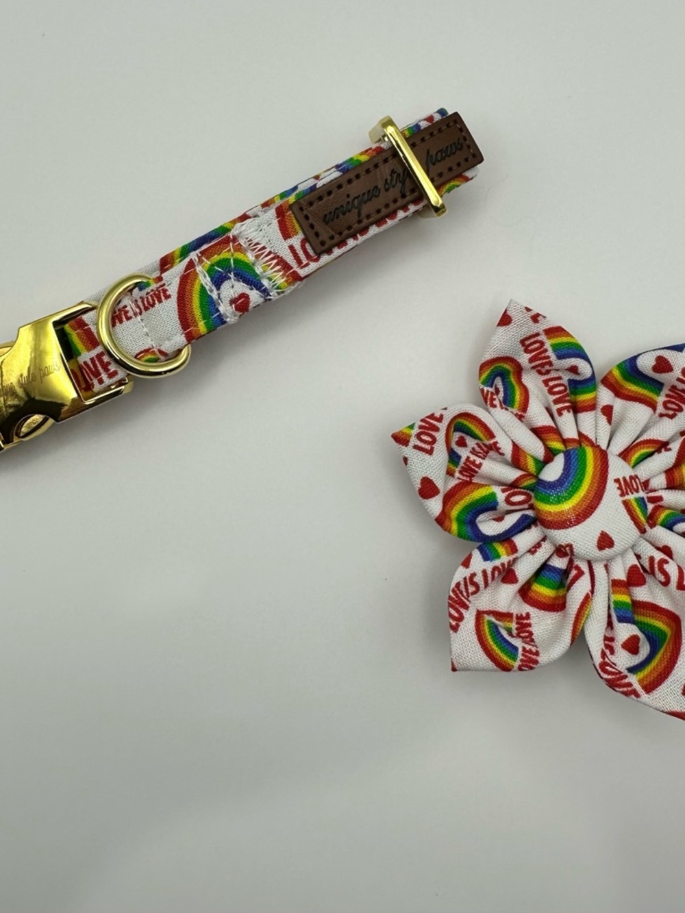 Rainbow 'Love' Dog Collar & Bow Accessory - White with Multicolor Print